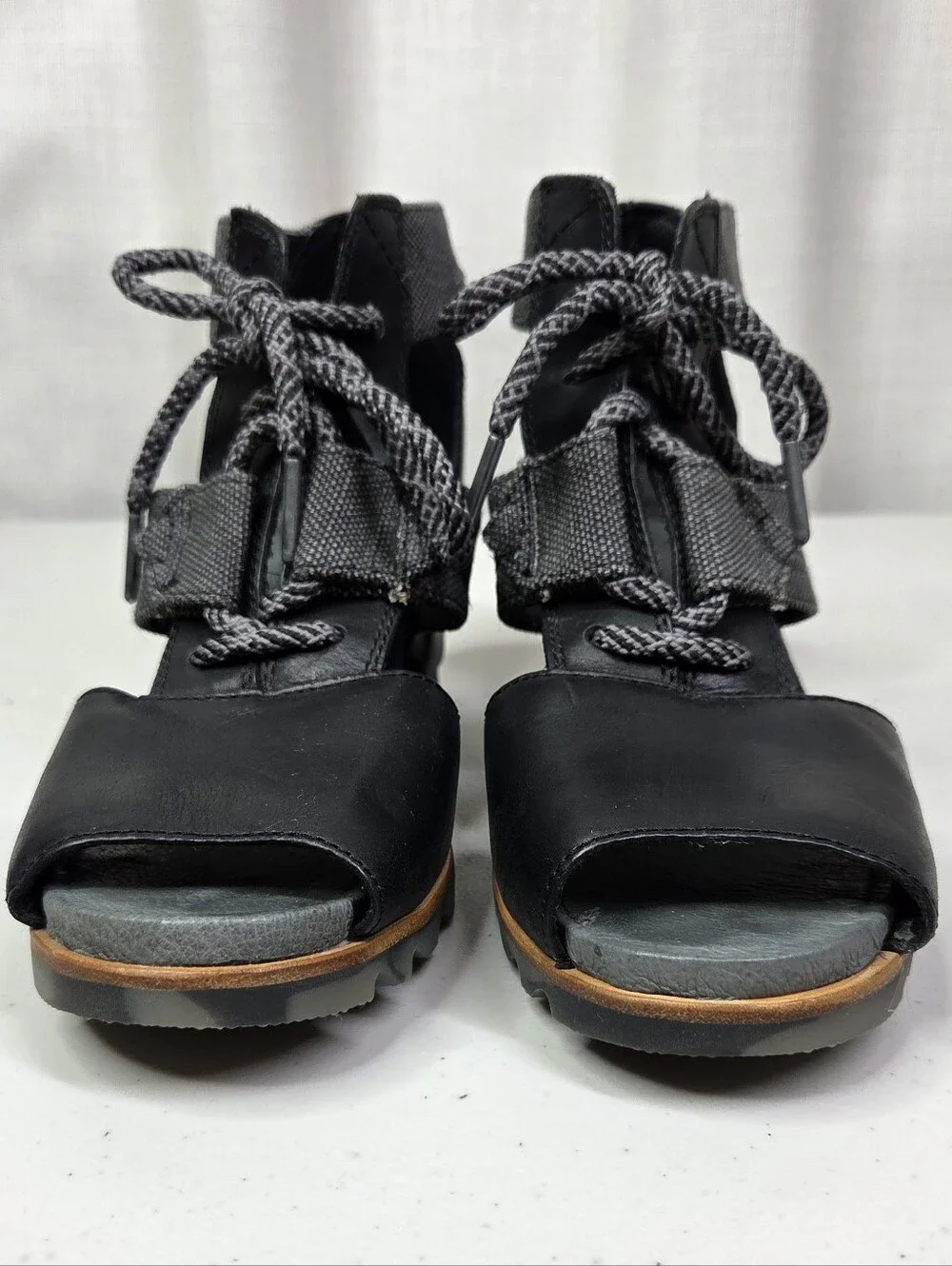 Sorel Joanie Leather Lace Up Wedge Sandals Women's Black Open-Toe